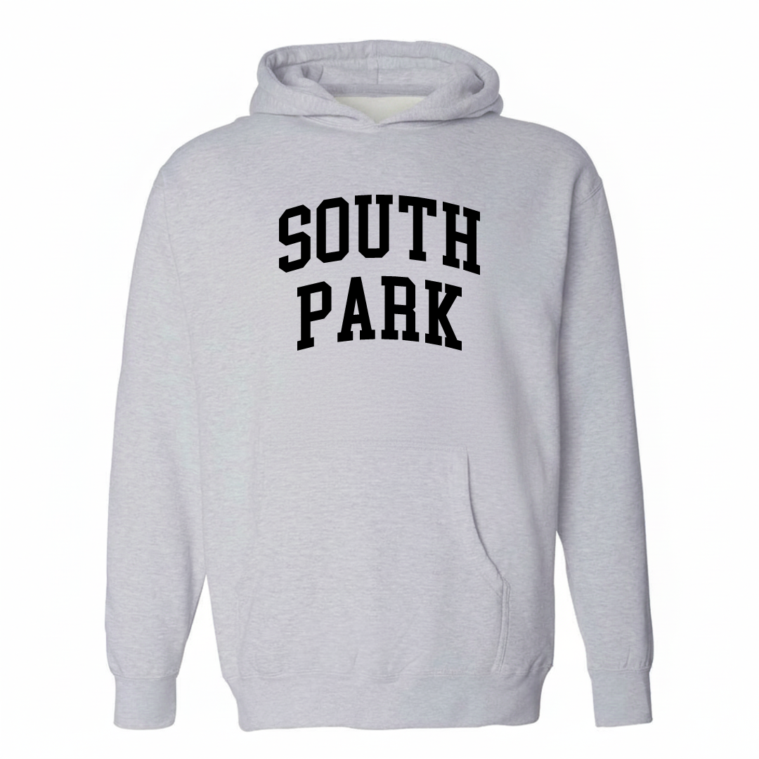 Heather-gray hoodie with the South Park varsity arched lettering design on the chest.