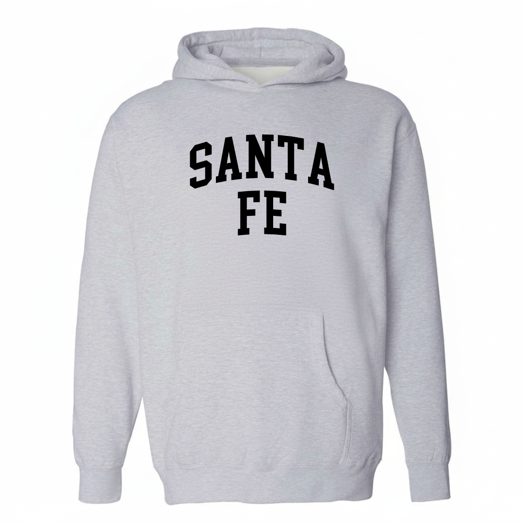 Heather-gray hoodie with the Santa Fe Oakland varsity arched lettering design on the chest.