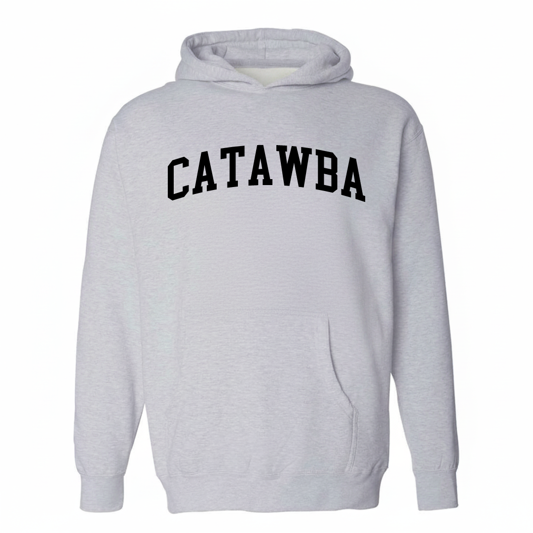 Heather-gray hoodie with the Catawba arched varsity lettering design on the chest.