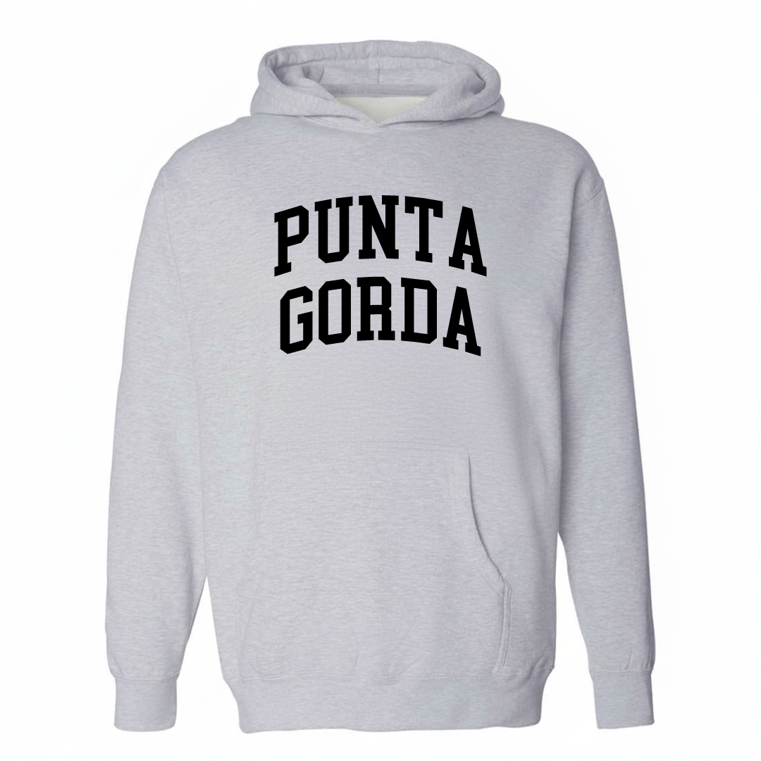 Heather-gray hoodie with the Punta Gorda varsity arched lettering design on the chest.