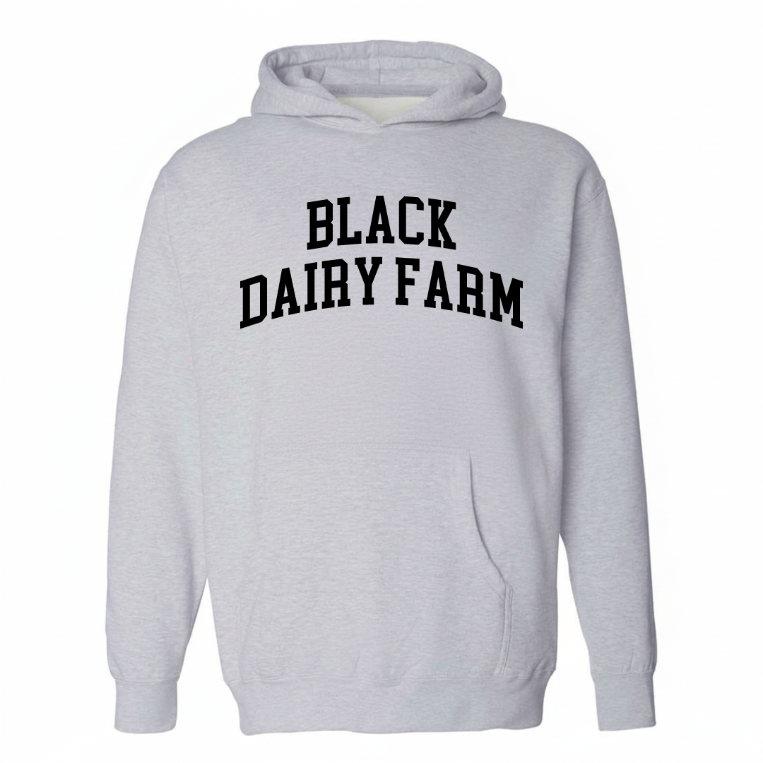 Heather-gray hoodie with the Black Dairy Farm varsity arched lettering design on the chest.