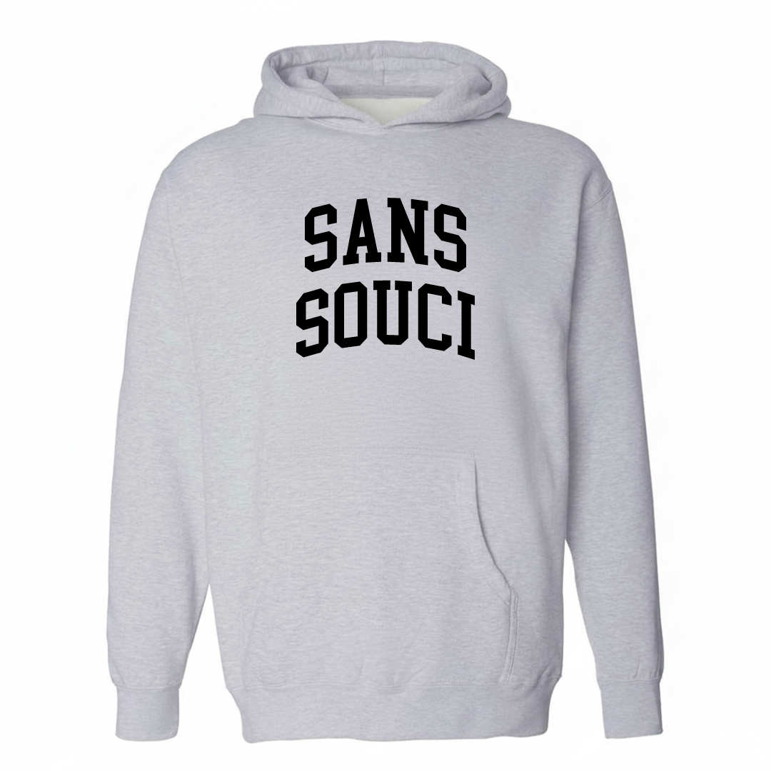 Heather-gray hoodie with the Sans Souci varsity arched lettering design on the chest.