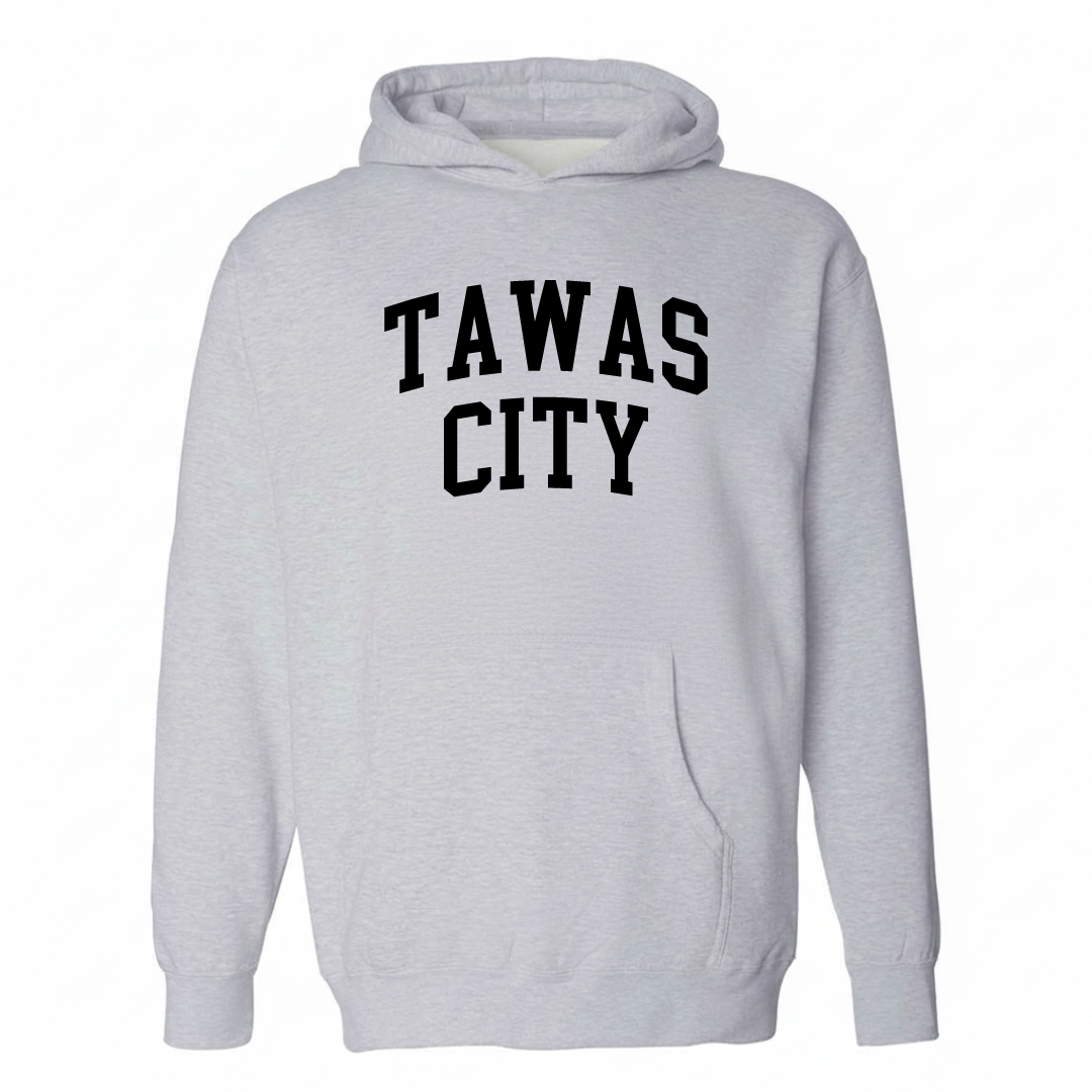 Heather-gray hoodie with the Tawas City varsity arched lettering design on the chest.