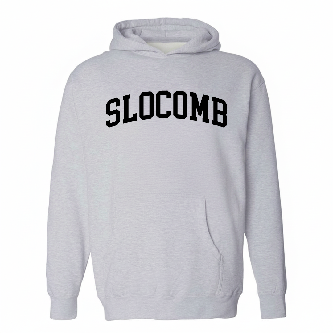Heather-gray hoodie with the Slocomb varsity arched lettering design on the chest.