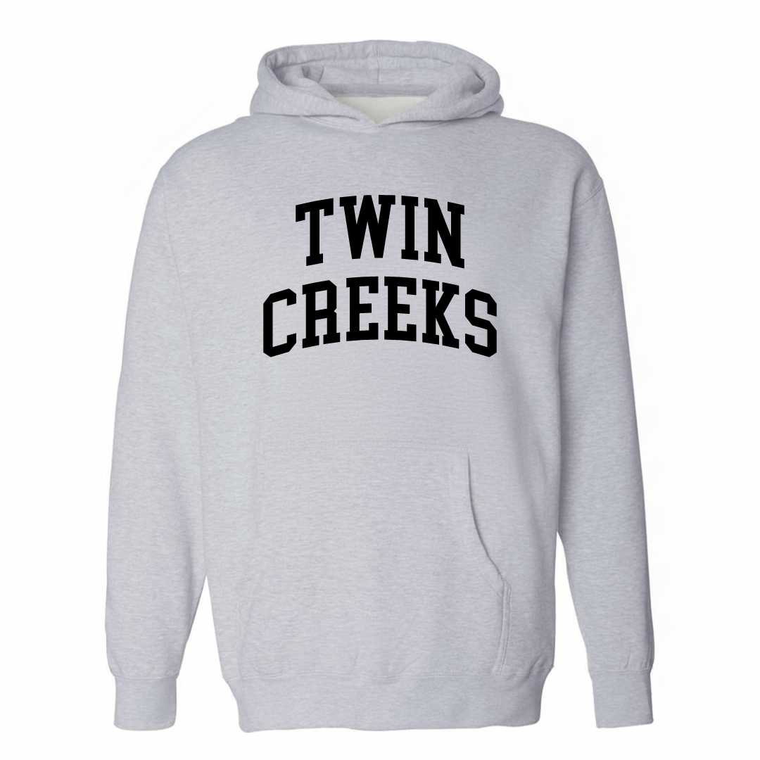 Heather-gray hoodie with the Twin Creeks arched varsity lettering design on the chest.
