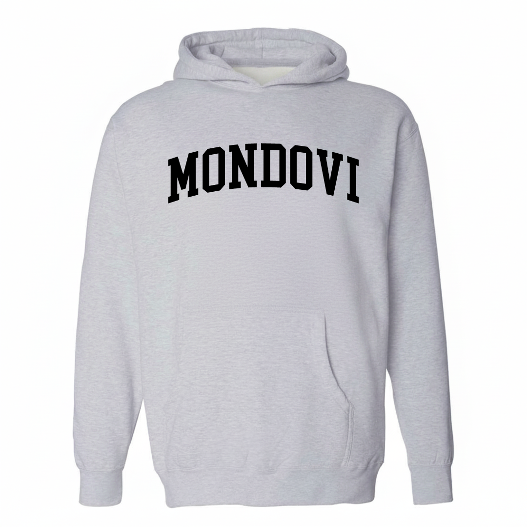 Heather-gray hoodie with the Mondovi varsity arched lettering design on the chest.