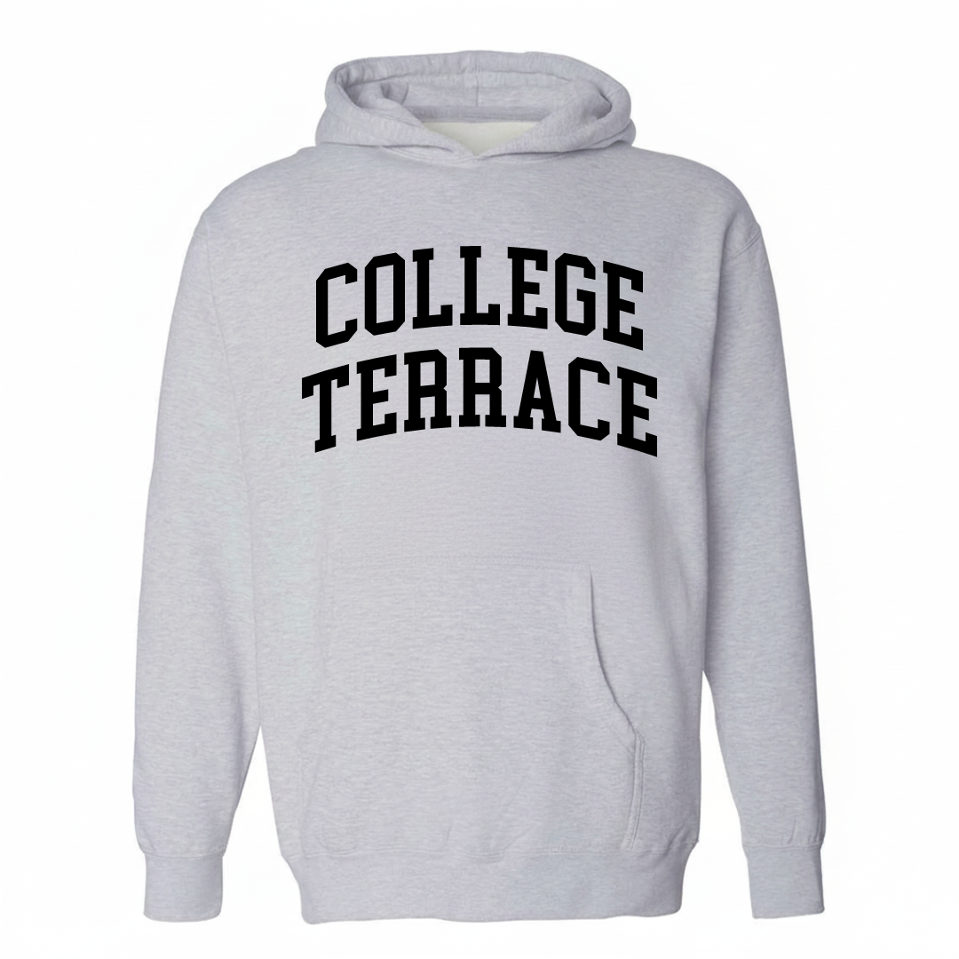 Heather-gray hoodie with the College Terrace varsity arched lettering design on the chest.