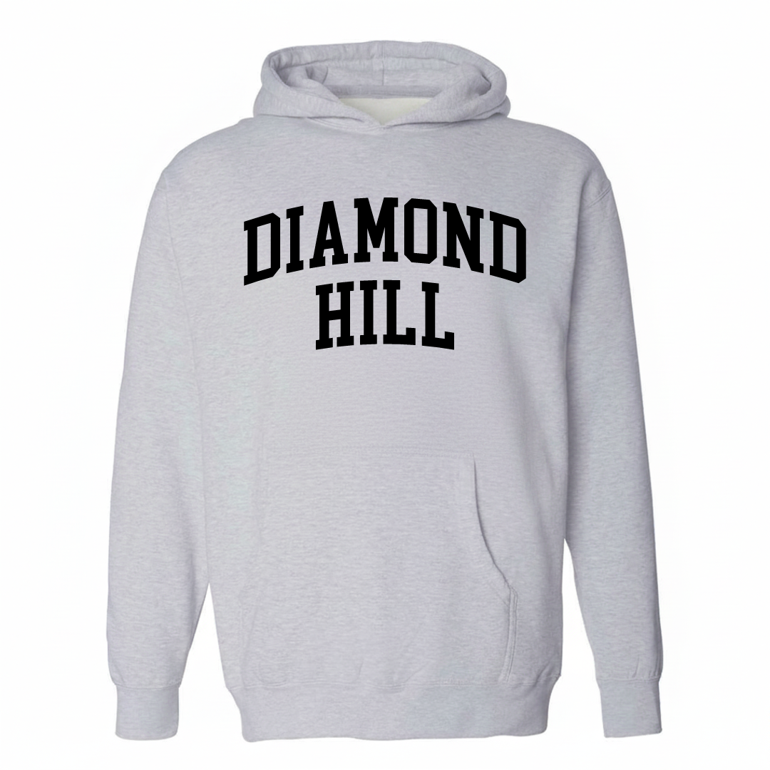 Heather-gray hoodie with the Diamond Hill varsity arched lettering design on the chest.
