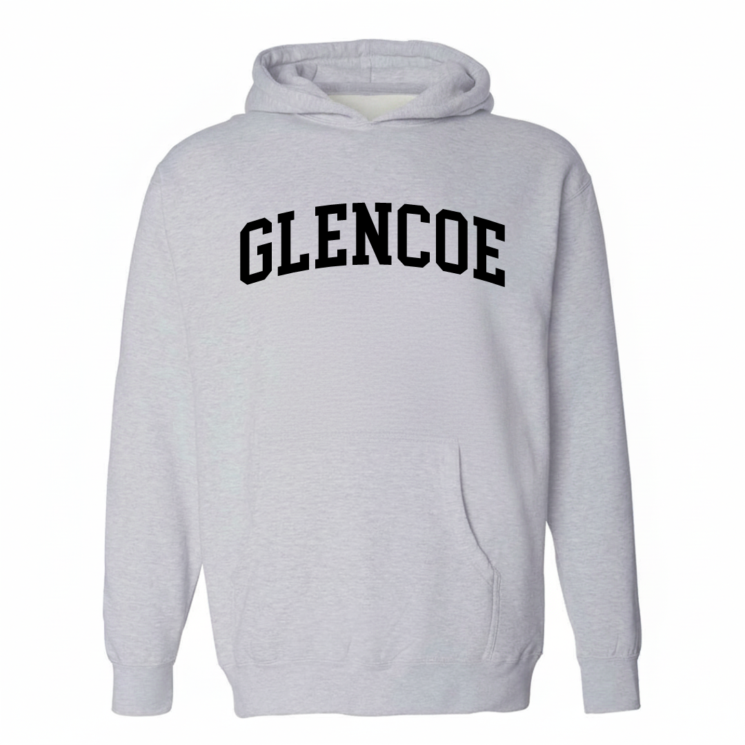 Heather-gray hoodie with the Glencoe varsity arched lettering design on the chest.
