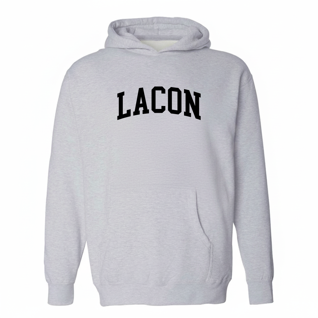 Heather-gray hoodie with the Lacon arched varsity lettering design on the chest.