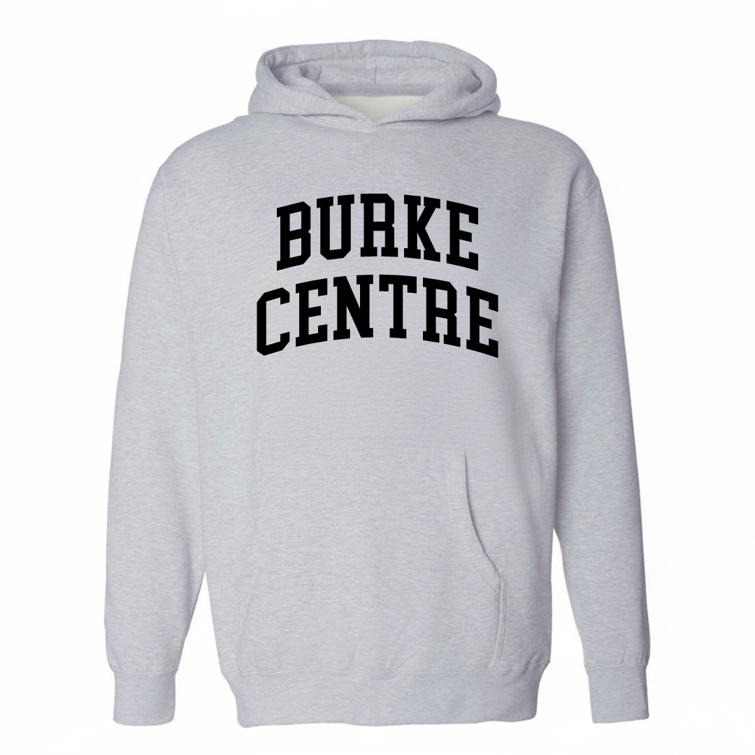 Heather-gray hoodie with the Burke Centre varsity arched lettering design on the chest.