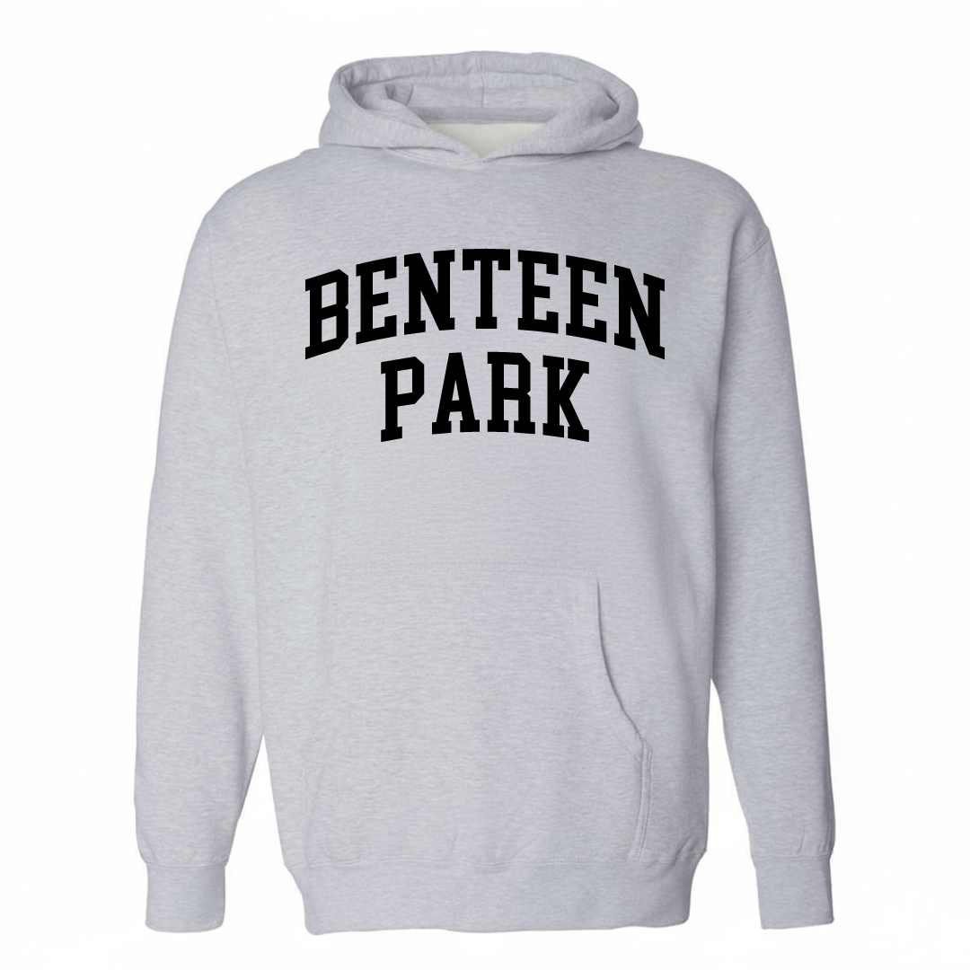 Heather-gray hoodie with the Benteen Park varsity arched lettering design on the chest.