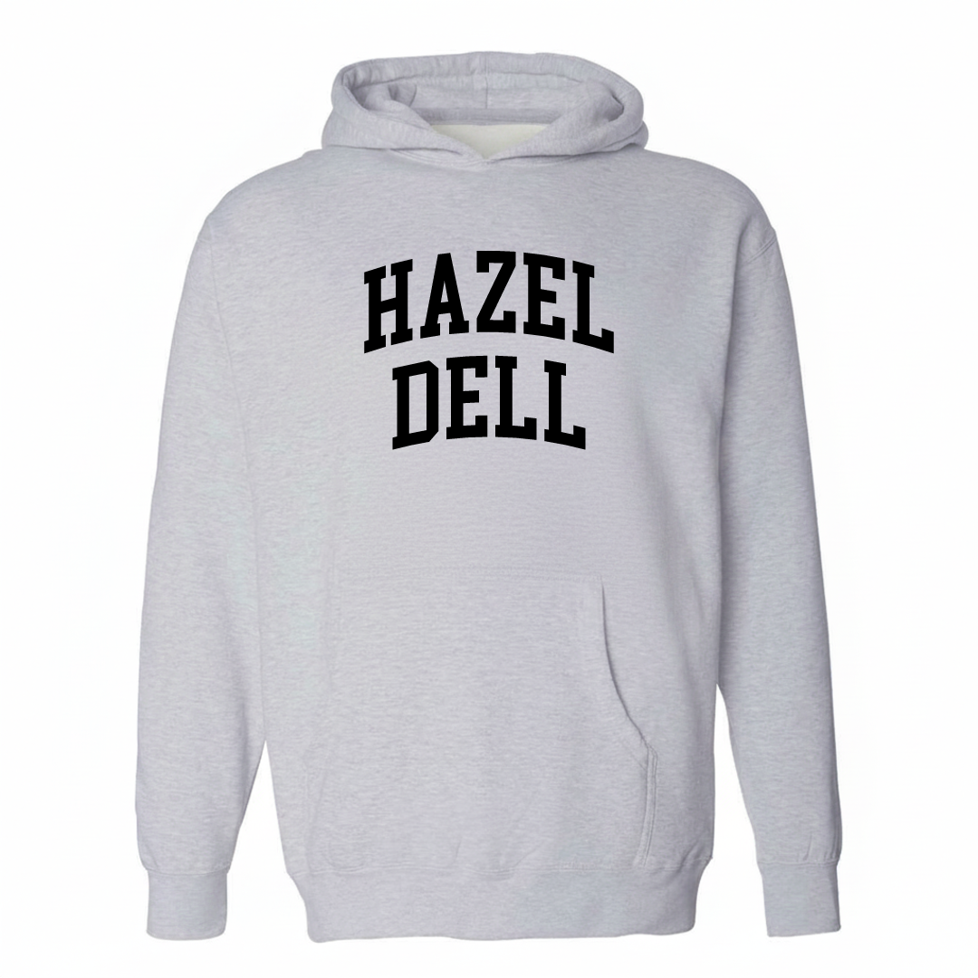 Heather-gray hoodie with the Hazel Dell varsity arched lettering design on the chest.
