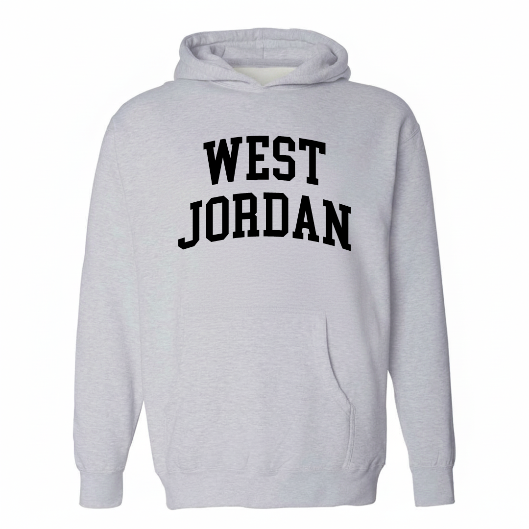 Heather-gray hoodie with the West Jordan varsity arched lettering design on the chest.