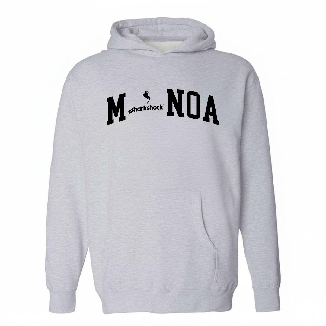 Heather-gray hoodie with the Mānoa arched lettering varsity-collegiate design on the chest.