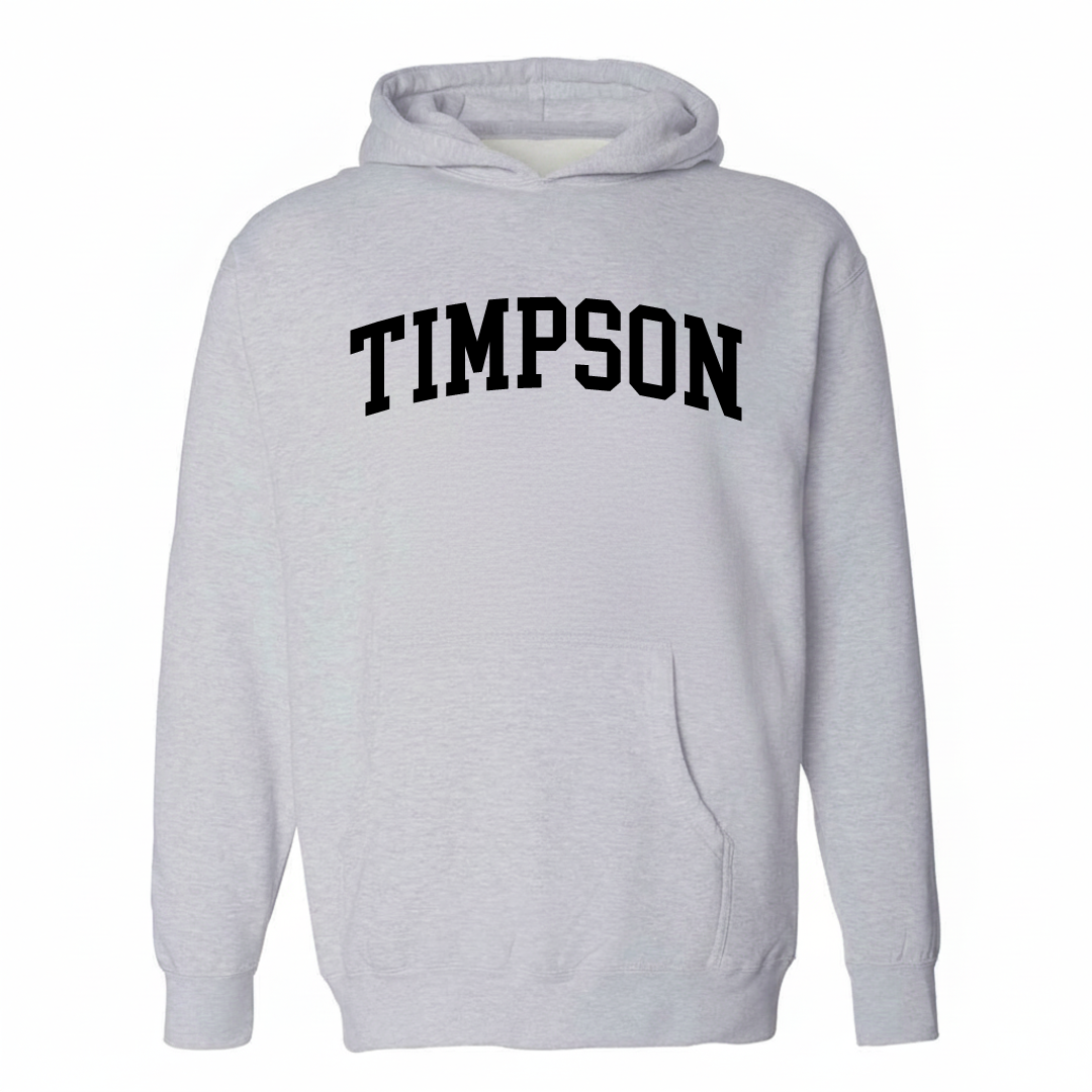 Heather-gray hoodie with the Timpson varsity arched lettering design on the chest.