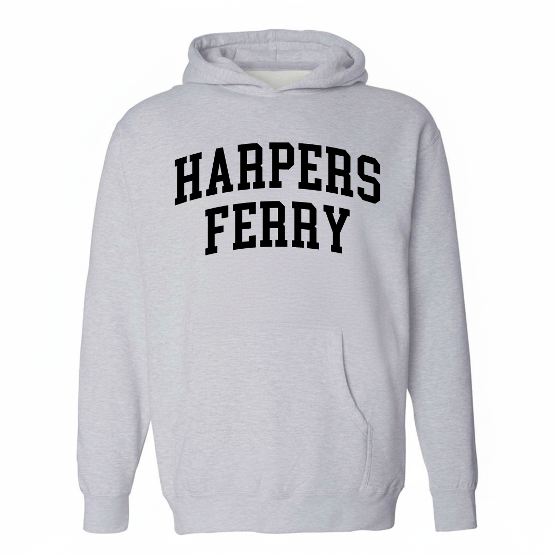 Heather-gray hoodie with the Harpers Ferry varsity arched lettering design on the chest.