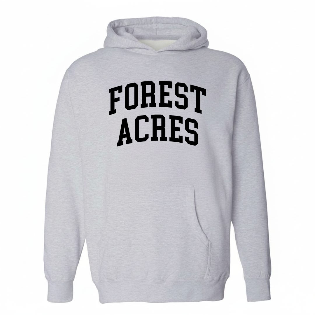 Heather-gray hoodie with the Forest Acres varsity arched lettering design on the chest.