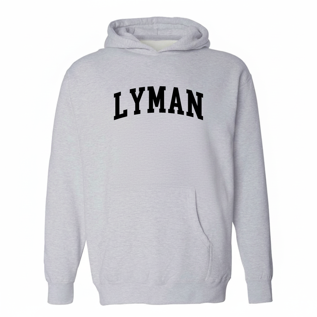 Heather-gray hoodie with the Lyman varsity arched lettering design on the chest.