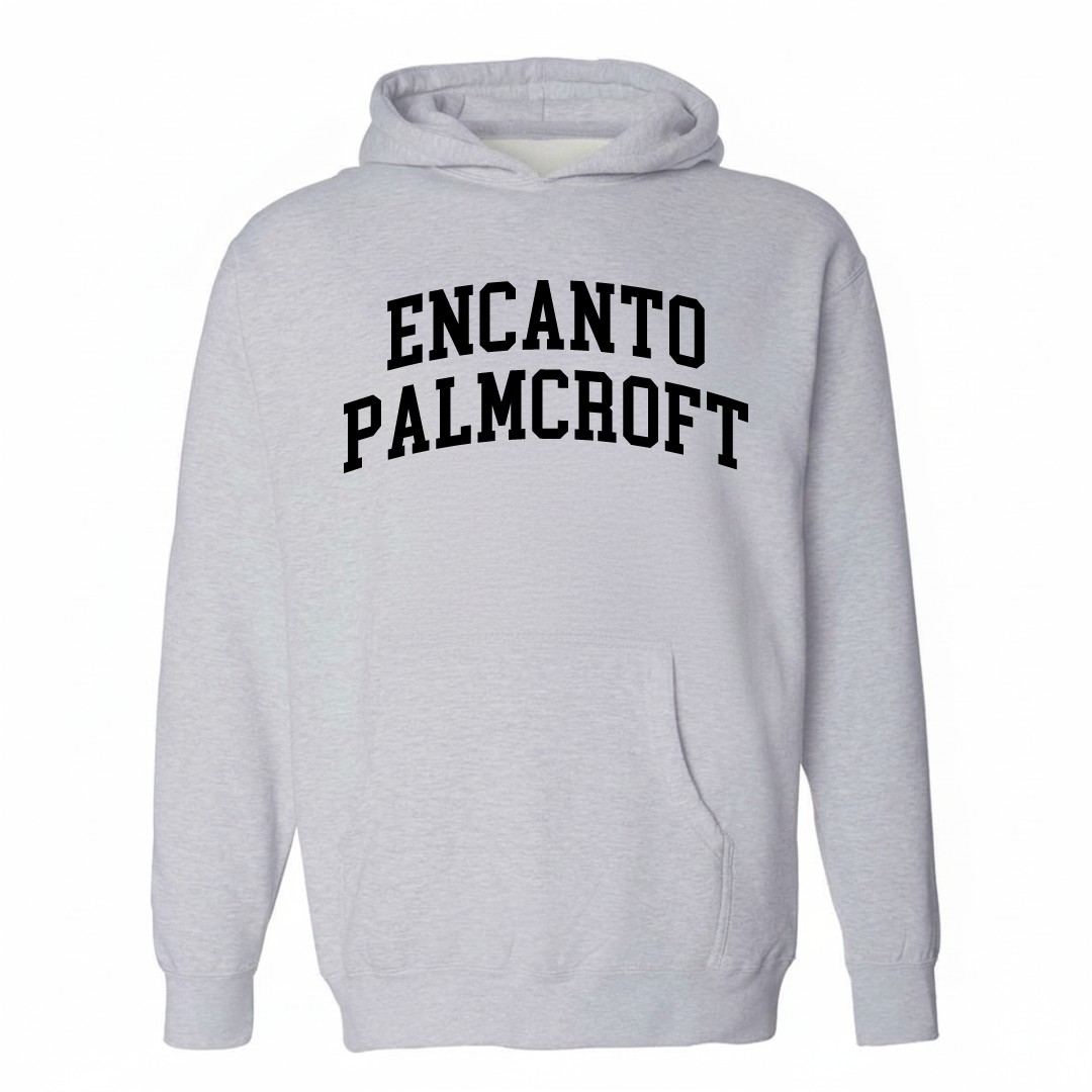 Heather-gray hoodie with the Encanto-Palmcroft varsity arched lettering design on the chest.