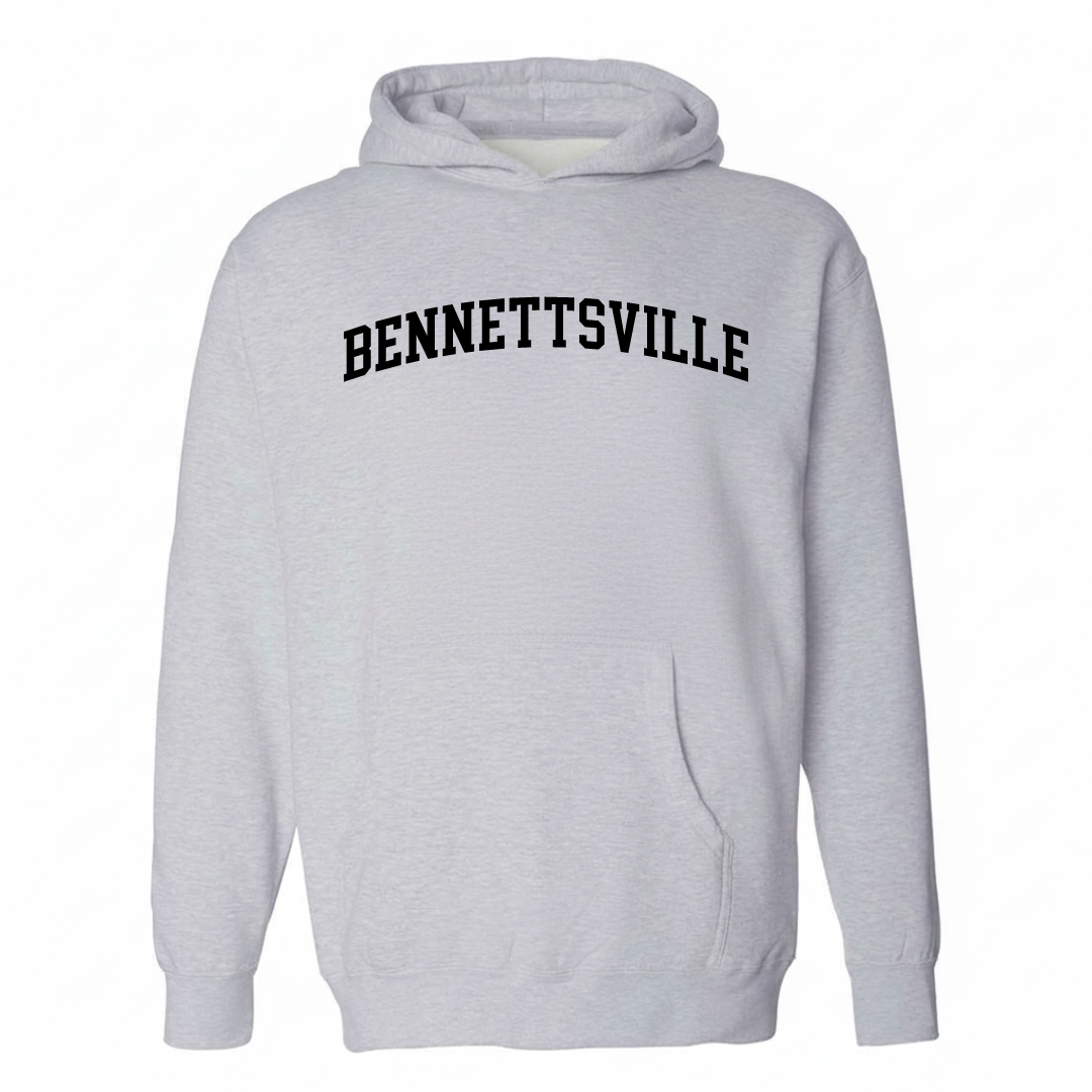 Heather-gray hoodie with the Bennettsville varsity arched lettering design on the chest.