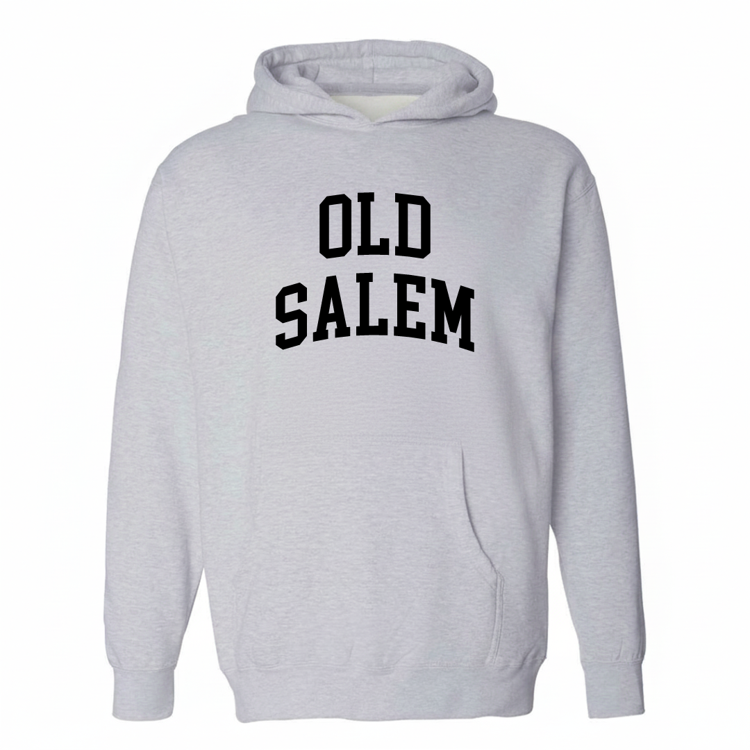 Heather-gray hoodie with the Old Salem arched lettering varsity-collegiate design on the chest.