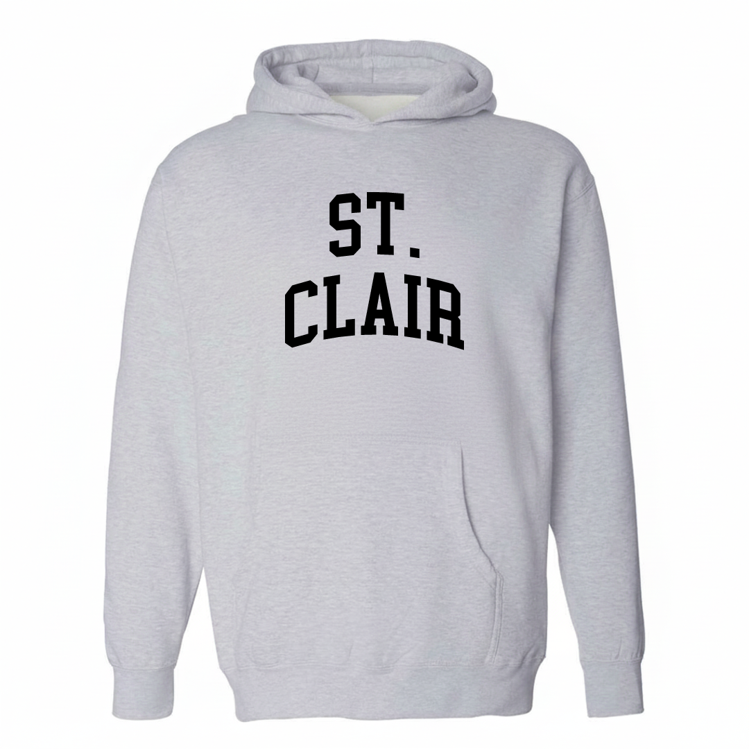 Heather-gray hoodie with the St. Clair varsity arched lettering design on the chest.
