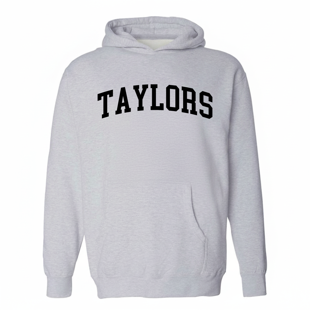 Heather-gray hoodie with the Taylors varsity arched lettering design on the chest.