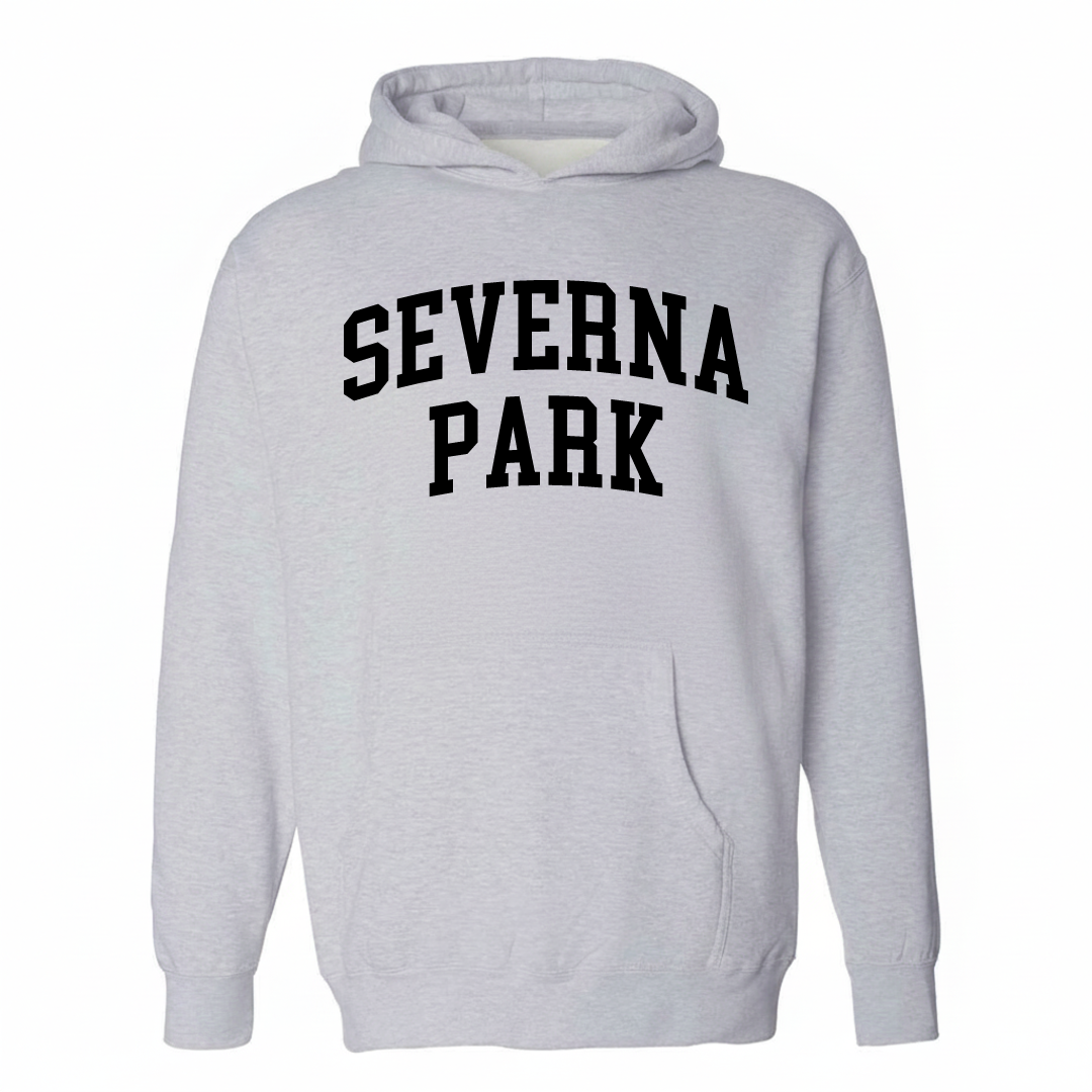 Heather-gray hoodie with the Severna Park varsity arched lettering design on the chest.