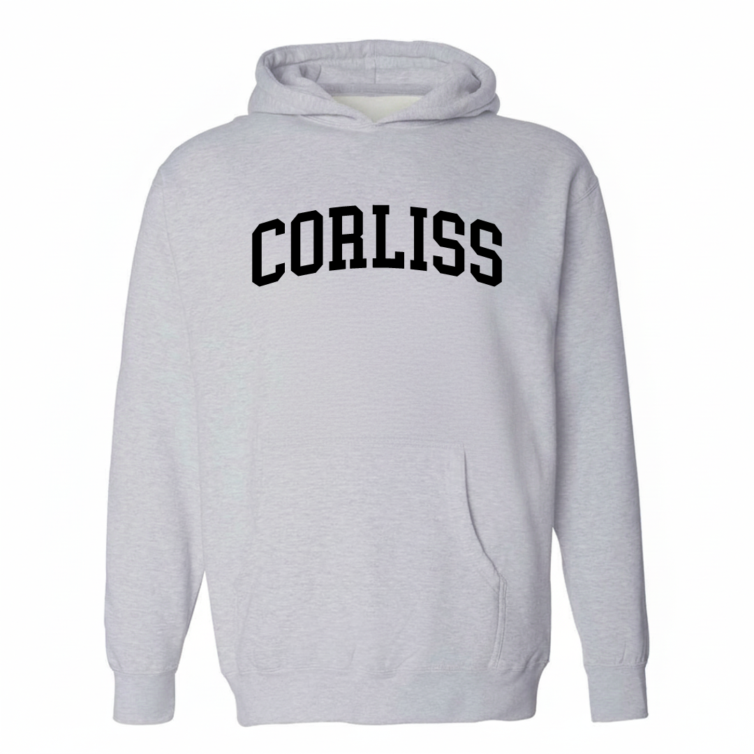 Heather-gray hoodie with the Corliss varsity arched lettering design on the chest.