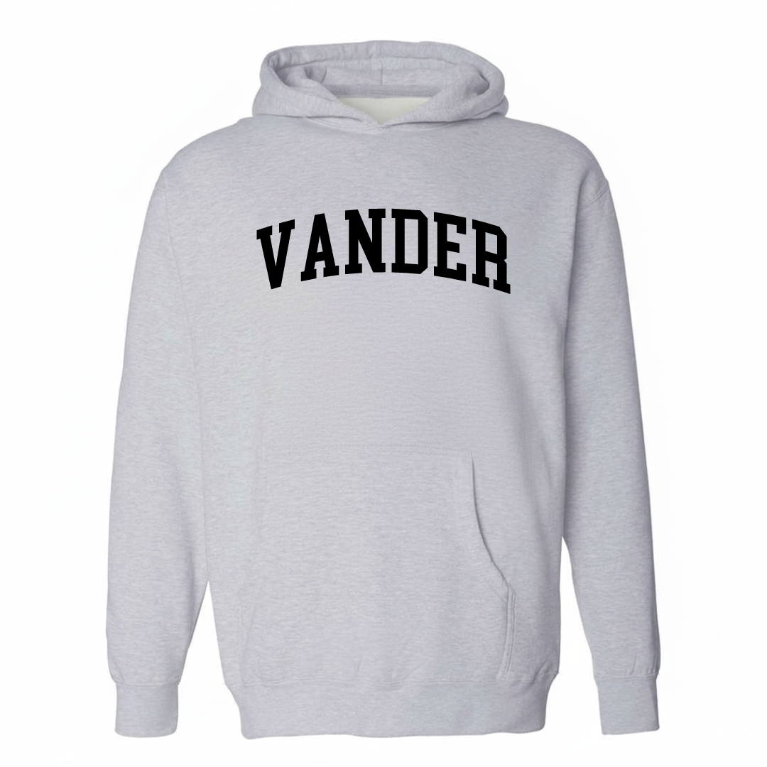 Heather-gray hoodie with the Vander varsity arched lettering design on the chest.