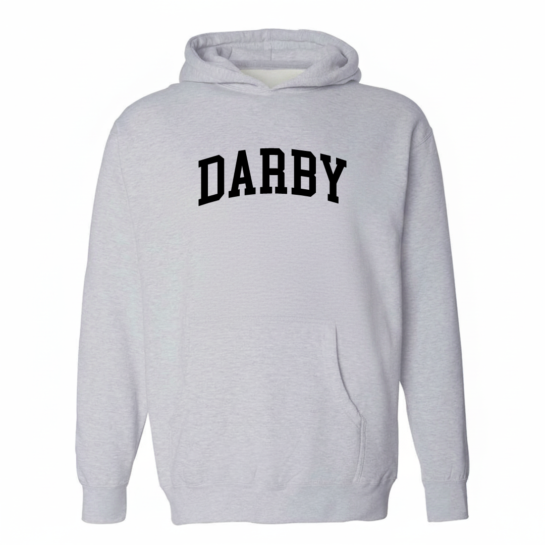 Heather-gray hoodie with the Darby varsity arched lettering design on the chest.