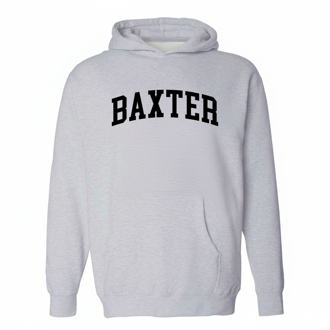 Heather-gray hoodie with the Baxter arched varsity lettering design on the chest.