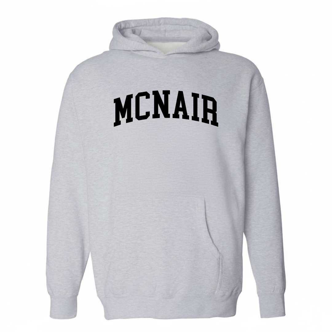 Heather-gray hoodie with the McNair varsity arched lettering design on the chest.