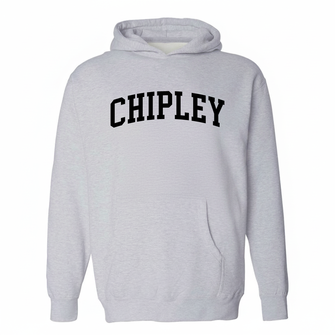 Heather-gray hoodie with the Chipley arched varsity lettering design on the chest.