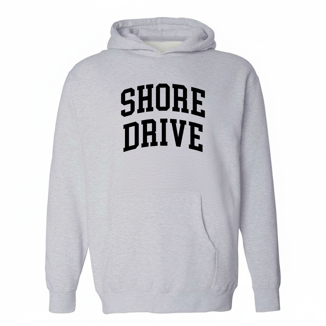 Heather-gray hoodie with the Shore Drive varsity arched lettering design on the chest.