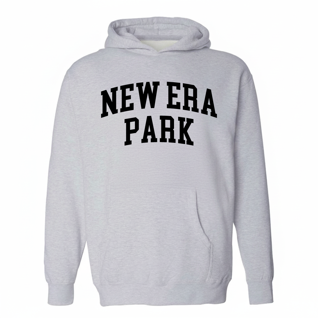 Heather-gray hoodie with the New Era Park arched lettering design on the chest.