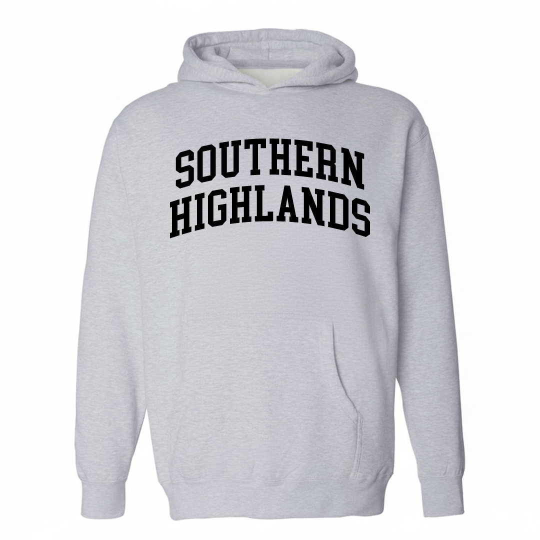 Heather-gray hoodie with the Southern Highlands varsity arched lettering design on the chest.