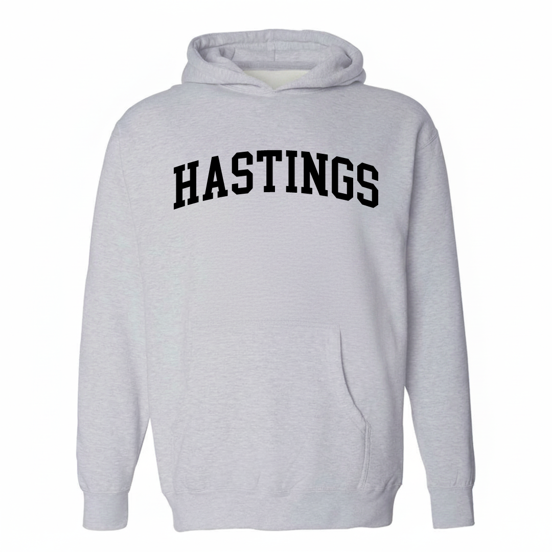 Heather-gray hoodie with the Hastings arched lettering varsity-collegiate design on the chest.