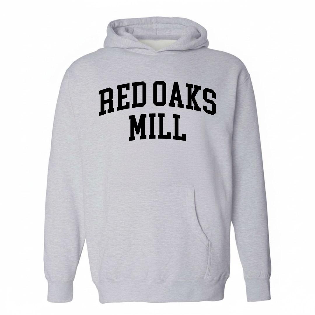 Heather-gray hoodie with the Red Oaks Mill varsity arched lettering design on the chest.
