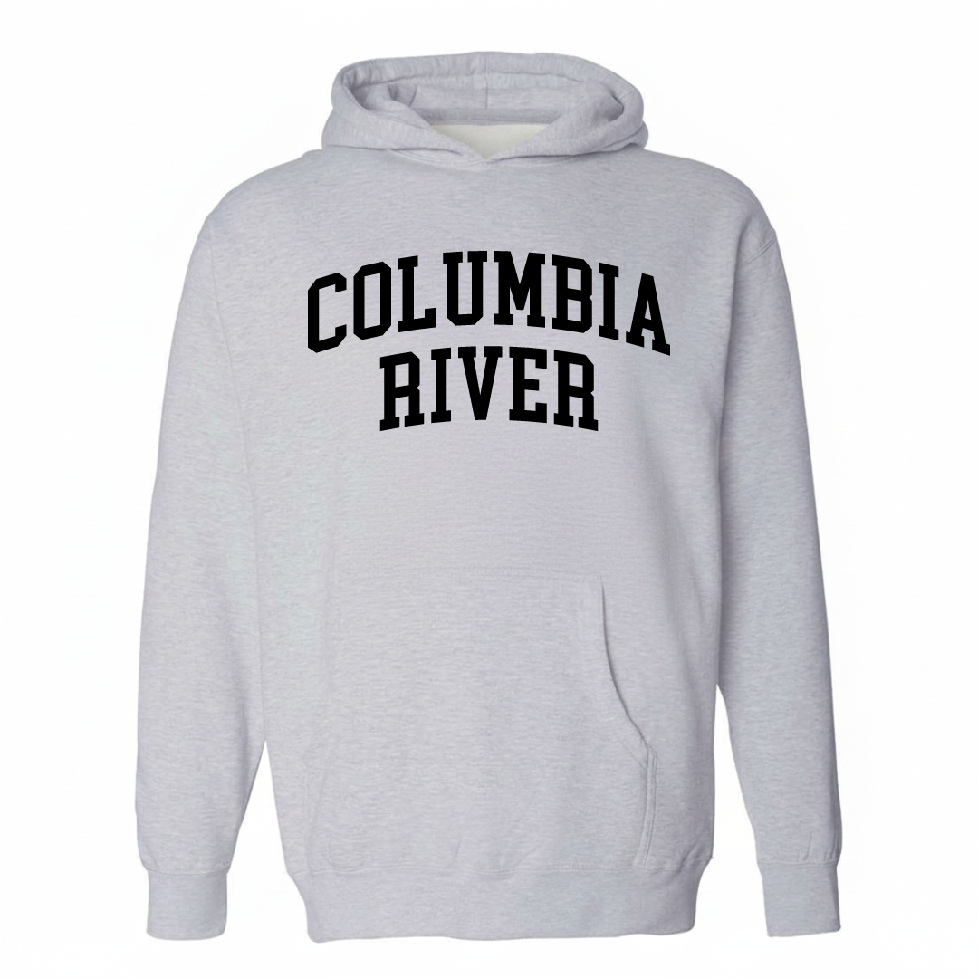 Heather-gray hoodie with the Columbia River varsity arched lettering design on the chest.