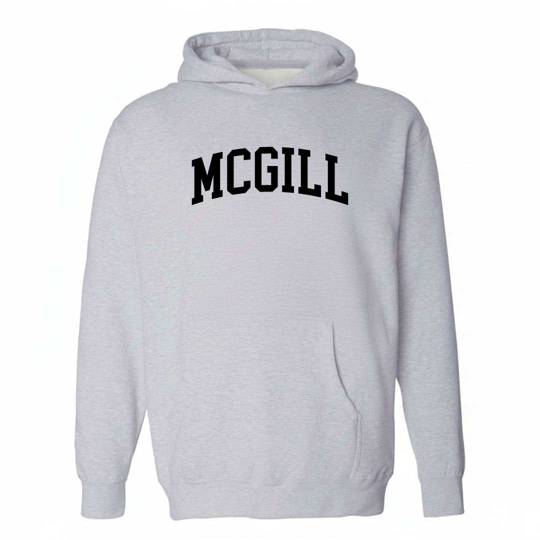 Heather-gray hoodie with the McGill arched varsity lettering design on the chest.