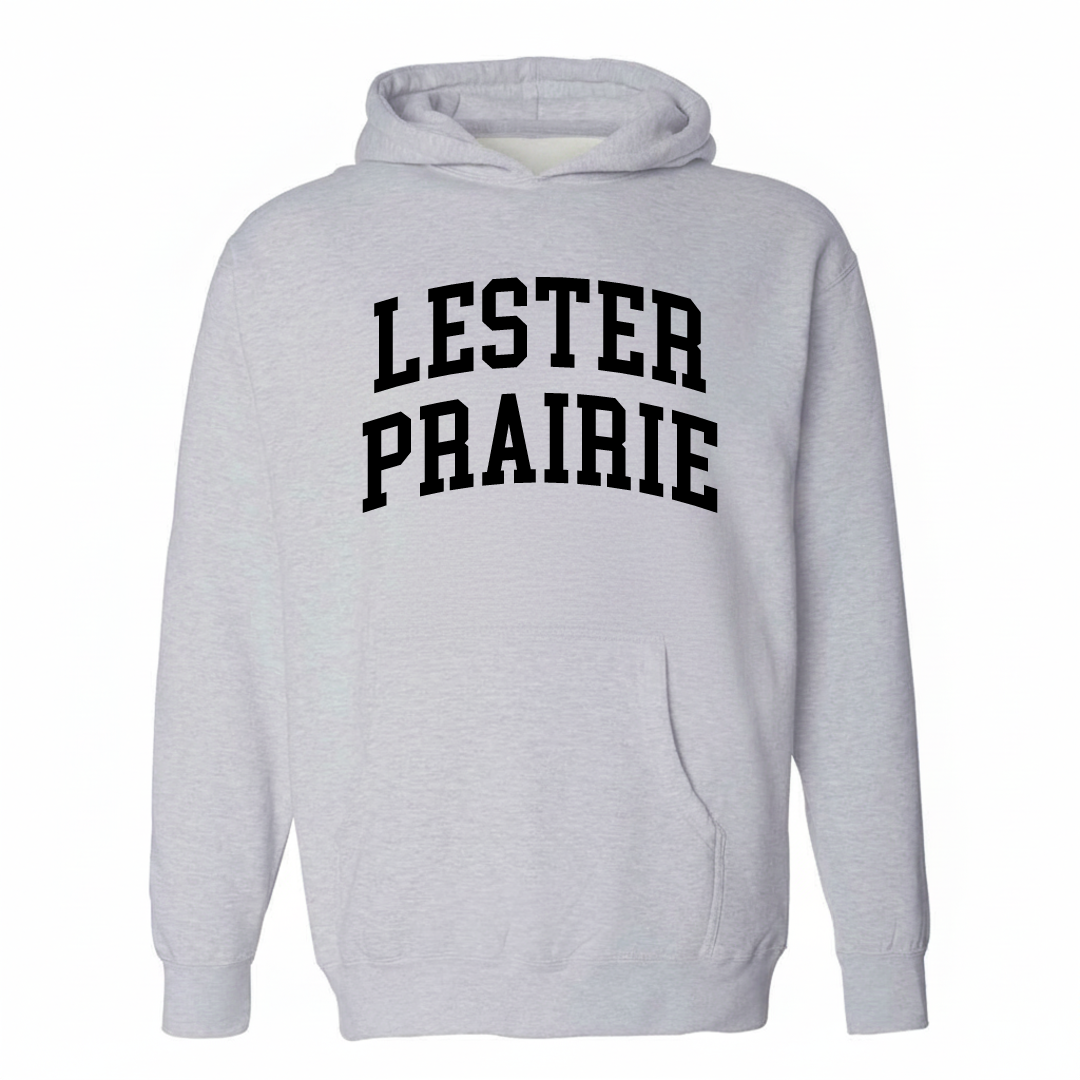 Heather-gray hoodie with Lester Prairie arched varsity lettering design on the chest.