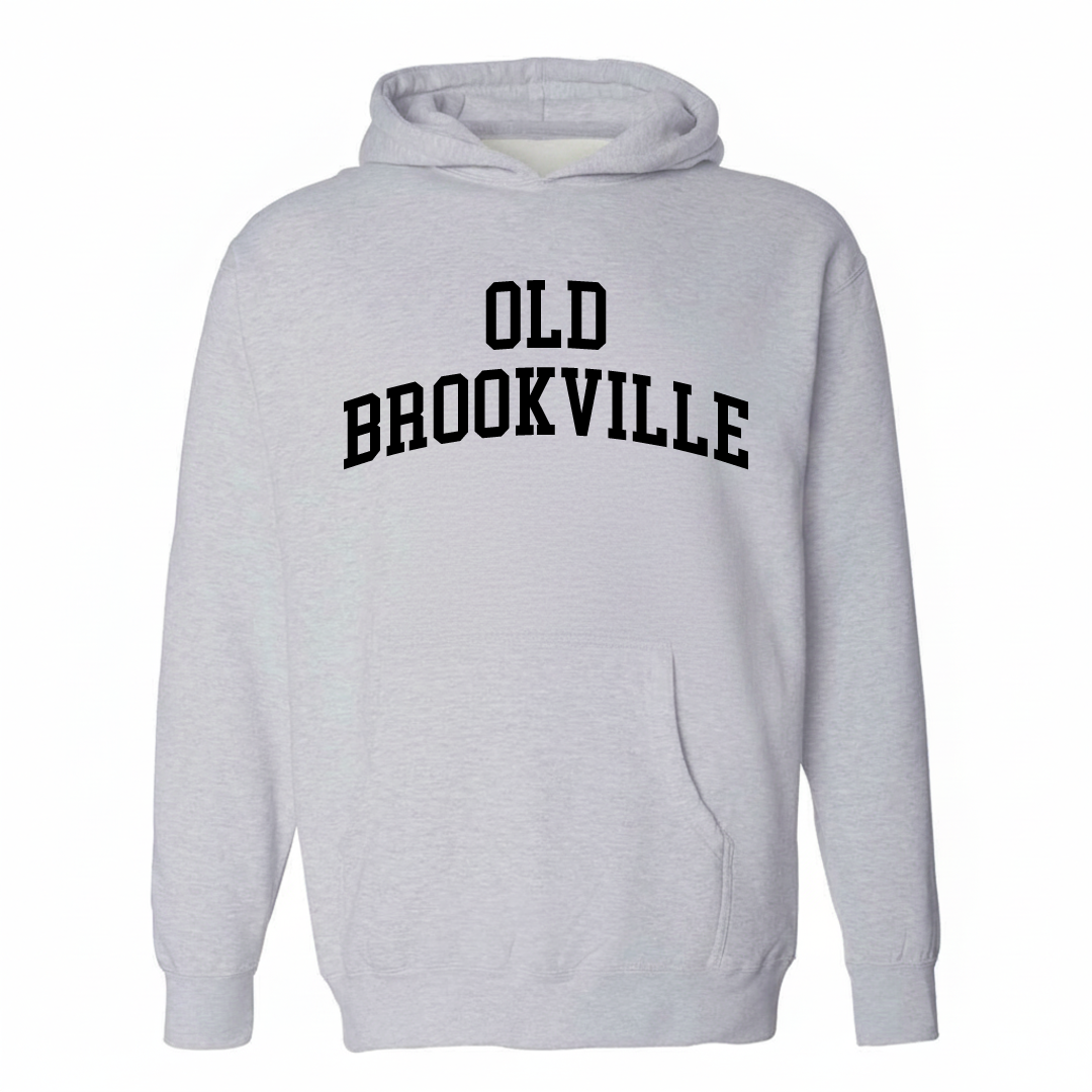 Heather-gray hoodie with the Old Brookville varsity arched lettering design on the chest.