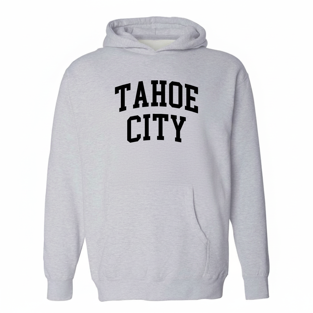 Heather-gray hoodie with the Tahoe City varsity arched lettering design on the chest.